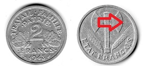 Pièce 2 francs 1943 et 1944 bazor, état français